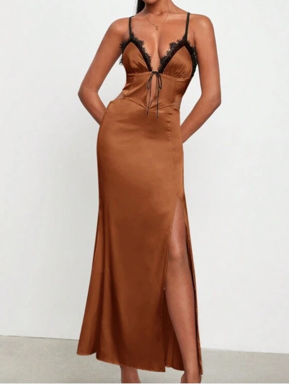 Satin Lace-Trim Slip Dress in Copper